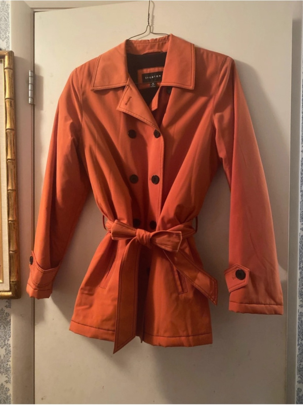 Braetan Orange Double-Breasted Trench Coat with Waist Tie